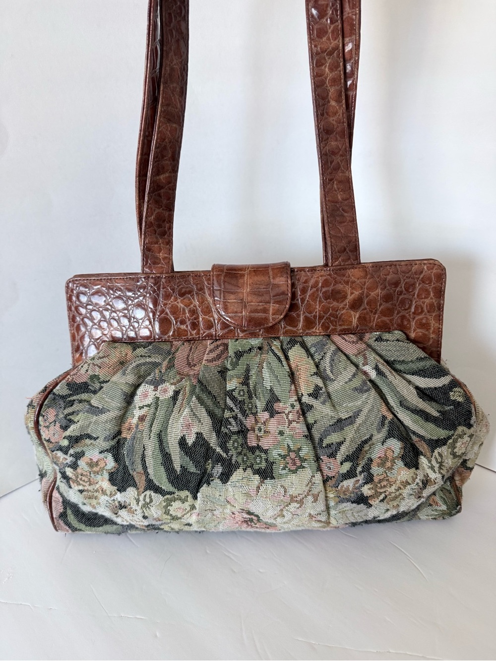 Vintage Style Brown Croc-Trim Tapestry Shoulder Bag